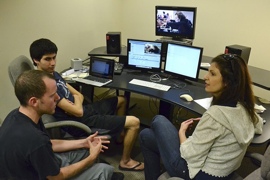 Zachary Vito/ Arizona Daily Wildcat
Juniors Derek Passmore and Jorge Rodriguez work with Lisanne Skyler, a professor in the school of theatre, film and television, to take a creative approach on documentary-style film.  
