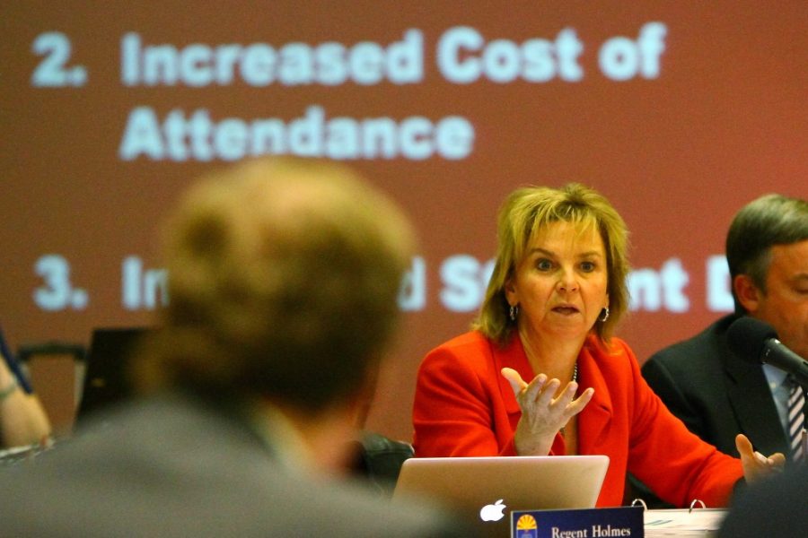 Gordon Bates / Arizona Daily Wildcat

Anne Mariucci speaks during the discussion of student finances at the Arizona Board of Regents meeting at University of Arizona in the Ballroom of the Student Union Memorial Center on Thursday December 1 2011.