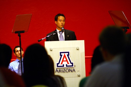 Gordon Bates /Arizona Daily Wildcat 

ASUA President Chris Nagata, makes a speech about the hard work and perseverance of UA students in the Grand Ballroom this Monday during the State of the Student Address. The event was the first of its kind and focused on the balance and management of challenges faces by UA students.
