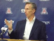 UA associate head coach Mike Dunlap addresses the media in McKale Center on May 12. Dunlap made his first public speaking appearance Wednesday to members of the Tucson Downtown Sertoma Club at Rosarios Restaurant at the Viscout Suite Hotel.