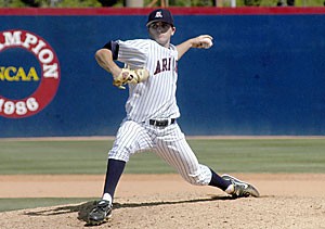 UA pitcher David Coulon releases a pitch in Arizonas 5-3 victory over California Saturday at Sancet Stadium to complete the three-game sweep. Coulon earned the win after pitching three hitless innings.