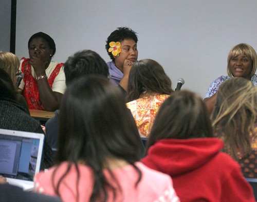 Valentina Martinelli / Arizona Daily Wildcat 

From left, Constance Okolett, from Uganda, Ulamila Kurai Wragg, from the Cook Islands, and Sharon Hanshaw, from New Orleans Louisiana, talk about how climate change has affected each of their countries in the Cesar E. Chavex Building on April 22, 2010.