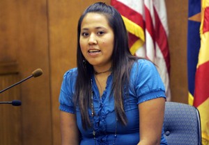 Analisa Valencia, a UA sophomore, speaks during Galareka Harrisons trial on  Tuesday. Galareka Harrison, 19, is charged with ? rst-degree murder in the  slaying of roommate and fellow Navajo Nation member Mia Henderson, who  authorities said was stabbed as she slept in the womens dorm room last year. 