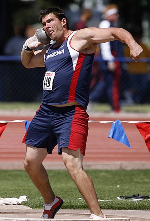 UA thrower Jarred Sola prepares to heave the shot put during the April 5 Jim Click Shootout at Roy P. Drachman Stadium. The Wildcats are set to face their in-state rivals at the AZ-ASU-NAU Dual meet at Roy P. Drachman Stadium starting tomorrow afternoon at 4.
