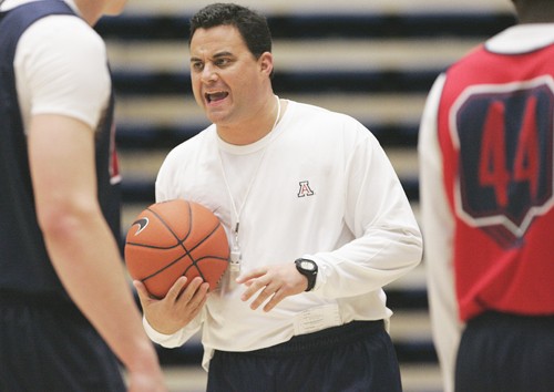 Arizona men?s basketball head coach Sean Miller instructs his players Wednesday, in the McKale Center. 