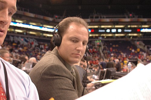 Former broadcaster Ryan Hansen sits at his media table courtside at U.S. Airways Center in Phoenix during a Dec. 14, 2008, game against Gonzaga. Hansen was replaced by former UA point guard Matt Muehlebach this year as broadcaster. 