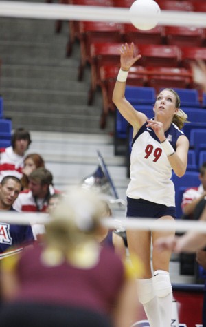 Arizona outside hitter Brooke Buringrud stretches out to hit the ball in a 3-0 win over ASU in McKale Center on Oct. 1. The Wildcats are headed to Oregon to play the No. 24 Beavers and the No. 7 Ducks. 