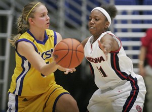 UA guard Ashley Frazier harasses a UC Santa Barbara player during a 54-47 Arizona win Sunday at home. Frazier and the Wildcats hope to continue their three-game win streak as they take on No. 7 Texas A&M tonight at 7 in McKale Center.