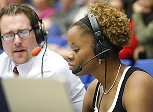 UA forward Shannon Hobson calls the Arizona womens basketball game Nov. 16 against Portland in McKale Center. Due to an injury, the redshirt senior opted to spend time on the court in a different outlet as a commentator for KTUC 1400 AM.