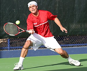 UA sophomore Peter Zimmer hits a forehand during the Wildcats 6-1 win over NAU in their season opener Jan. 20 at Robson Tennis Center. While balancing midterms, the No. 75 Wildcats host Memphis this afternoon at 1.