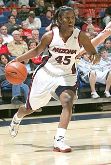 Redshirt senior guard Joy Hollingsworth drives baseline in Arizonas 77-68 loss to USC in McKale Center Jan. 18. Hollingsworth, who was honored along with both Arizona and USC seniors Saturday at the Galen Center in Los Angeles, received no warm-up time before the Wildcats 66-42 loss to the Trojans.