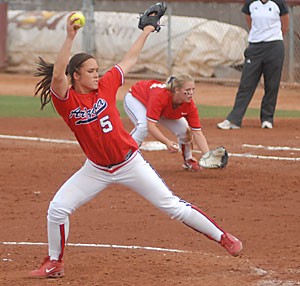 Right-handed pitcher Sarah Akamine winds up during Arizonas 4-3 win over Northwestern last weekend in Tempe. The freshman has a 1.21 ERA during the 2-0 start to her career.