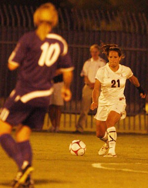 Utility player Analisa Marquez preps to boot a free kick in a 4-0 win over Weber State at Murphey Stadium last Friday. Marquez, a junior, has been moved to the defensive size of the ball this season.