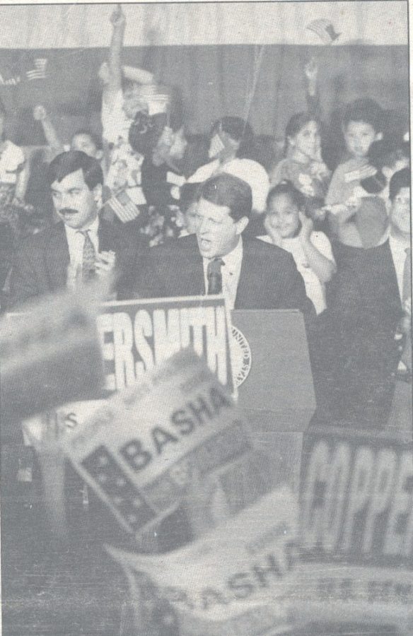 During his visit to Tucson October 31, 1994, Vice President Al Gore fires up a crowd of supporters at a Democratic candidate rally at the Tucson Convention Center. The rally was held in support of senate candidate Sam Coppersmith (shown left of the president).
