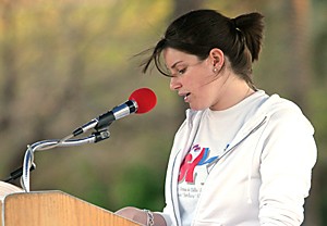 Jake Lacey / Arizona Daily Wildcat 

Pre-business sophomore Jessica Mador reads off the names of holocaust victims during a 24-hour vigil organized by Hillel.