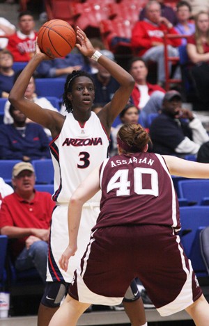 UA forward Ify Ibekwe searches for an open teammate during a 54-44 loss to No. 7 Texas A&M in McKale Center on Tuesday night.