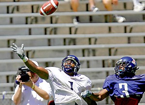 Reciever Syndric Steptoe tries to catch a pass while being held by corner Wilrey Fontenet during the second football scrimmage of the spring practice season, Saturday April 8, 2006. (photo by chris coduto/arizona daily wildcat)