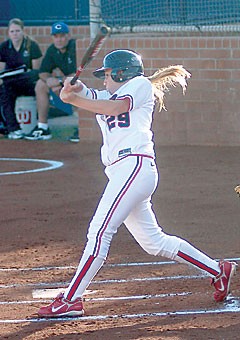 Kristie Fox hits a 3-run home run to right center in the sixth inning of a 6-2 win over Creighton on March 6. Fox went 0-for-8 in the next series against Baylor, in which the Bears won two of three games, but she hit a ninth-inning walk off home run to beat Baylor 2-1 on Thursday.