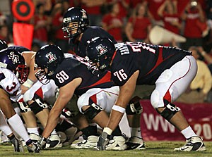Shouldering the load Tackle one of few upperclassmen in predominantly young unit Offensive tackle Peter Graniello (76) stands poised at the line of scrimmage before the snap during Arizonas 28-10 win over Stephen F. Austin last season. The lineman is the only senior on an offensive line that was introduced to three freshmen last year.