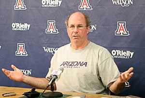 Kevin ONeill looks for answers at a Feb. 19 press conference in McKale Center. ONeill, who served as the UA mens basketball interim head coach while Lute Olson was on a leave of absence, was reassigned as an assistant to athletic director Jim Livengood yesterday.