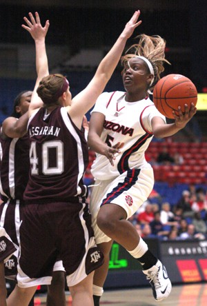 UA guard Jhakia McDonald works her way toward the hoop in a 54-44 loss to then-No. 7 Texas A&M in McKale Center on Nov. 25. The Wildcats will play eight games over the winter break.