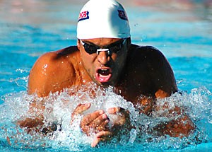 UA junior Nicolas Nilo swims the breaststroke during the mens teams 172-116 win over Wisconsin on Friday at Hillenbrand Aquatic Center. Nilo placed first in the 50-yard freestyle event. 
