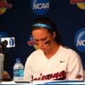 Pitcher Sarah Akamine talks to the media Saturday after a 14-0 loss to Alabama.