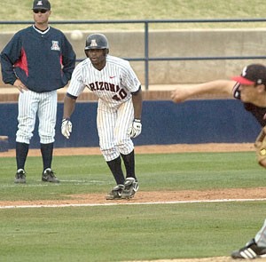 Arizona sophomore Diallo Fon sneaks toward home plate in the bottom of the eighth inning during yesterdays 16-6 win over Nevada-Las Vegas at Sancet Stadium. Fon went 3-for-5 in the game, notching one triple, two runs scored and one RBI.