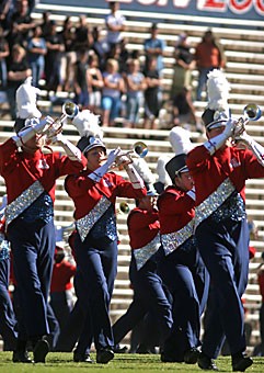 Members of the Pride of Arizona marching band perform the first of two shows Saturday at UA Band Day for high school bands from across the Southwest. Band Day features more than 40 high school bands every year.