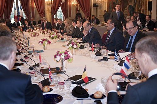 World leaders take part in a meeting on Saturday, March 19, 2011, at the Elysee Palace in Paris, France, during a summit on implementing action on the UN Security Council resolution against Libya. (Lionel Bonaventure/Abaca Press/MCT)