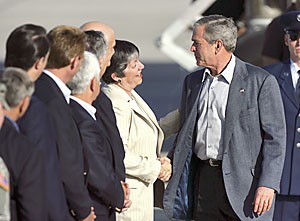 President Bush is greeted by Arizona Gov. Janet Napolitano after arriving at the Yuma Marine Corps Air Station yesterday in Yuma. 