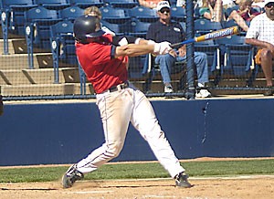 UA second baseman Colt Sedbrook lines a game-tying single with two outs in the bottom of the ninth inning in Arizonas 7-5, 12-inning win yesterday over Northern Colorado at Sancet Stadium. Center fielder T.J. Steele won the game for the Wildcats with a walk-off home run three innings later.
