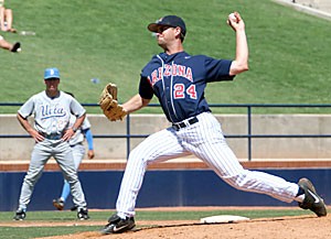 Sophomore southpaw Matt Baugh unleashes a pitch during an 8-5 loss to UCLA April 15. Baugh and the rest of Arizonas pitchers may be throwing to a new catcher when the Wildcats take on ASU today at 7 p.m. 