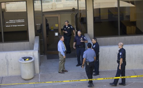 MATT PAVELEK | THE STATE PRESS
Tempe Police block off the College of Design South building after a graduate student committed suicide inside a professors office, Monday, Oct. 26, 2009.