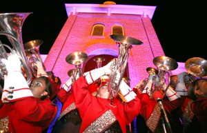 Members of the UAs Pride of Arizona marching band perform on the steps of Old Main on Friday night during the Homecoming  bonfire. The rally featured words from speakers President Robert Shelton as well as head football coach Mike Stoops.