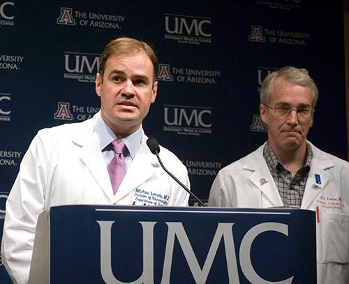 Dr. Michael Lemole, chief of neurosurgery at University Medical Center, reports on the status of congresswoman Gabrielle Giffords at a press conference Monday morning.  Lemole said that Giffords has been upgraded to serious condition and may be released to rehabilition by next week.