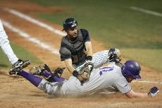 UA catcher Dwight Childs tags out Holy Cross Eric Oxford during a 15-4 Arizona win Tuesday night at Sancet Stadium. The Wildcats had 11 assists and committed no errors in the win against the Crusaders.