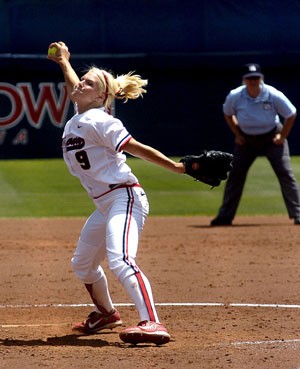 Arizona softball pitcher Taryne Mowatt winds up during a game at Hillenbrand Stadium last season against Oregon. The Wildcats will again rely on Mowatts arm, like last season, to carry them in the 2008 season, which starts Feb. 15 in Tempe.