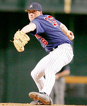 Arizona pitcher Mike Colla delivers a pitch  during Arizonas game against Arizona State, Sunday April 2, 2006 at Chase Field in Phoenix. (Photo by Chris Coduto/Arizona Daily Wildcat)