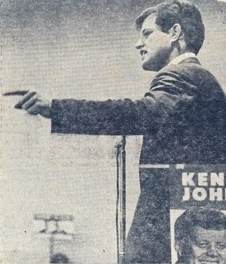 Ted Kennedy males a point in his speech Monday, Oct. 24, 1960 before about 500 students in the Student Union Ballroom. Kennedy spoke in support of the candidacy of his brother, Jack, for the presidency of the United States. The younger Kennedy was sponsored by the UA Kennedy Club. Arizona Daily Wildcat Archive 