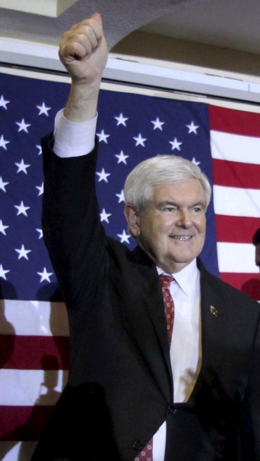Republican+presidential+candidate+Newt+Gingrich+responds+to+cheering+supporters+after+delivering+remarks+at+a+campaign+rally+in+Cocoa%2C+Florida%2C+on+Wednesday%2C+January+25%2C+2012.+%28Joe+Burbank%2FOrlando+Sentinel%2FMCT%29
