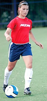 Sophomore forward Gianna DeSaverio dribbles down the field at practice on Aug. 22 at Murphey Field. DeSaverio started the season with a two-goal game against Oakland and leads the team in points with five after the first four games.