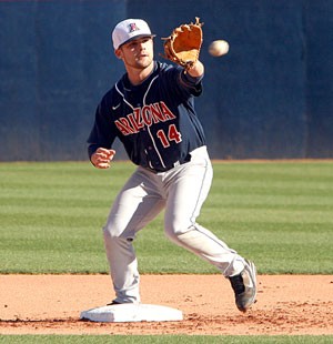 Arizona shortstop Robert Abel fields a chopper in a practice session at Sanset Stadium this week. The top-ranked Wildcats open up their season tonight at Georgia.  