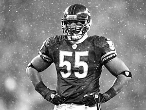 Chicago Bears linebacker Lance Briggs looks on against the New Orleans Saints during the NFC Championship football game in this Jan. 21 file photo. Briggs reiterated March 13 that he will not play another down for the Chicago Bears and is ready to sit out next season after they designated him as their franchise player.