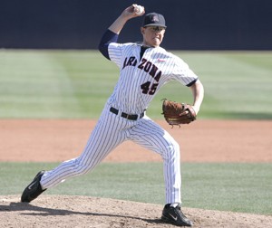 UA pitcher Ryan Perry strides toward the mound in a 5-2 win over San Diego State at Sancet Stadium on April 9. The Wildcats finished their season 42-19 but failed to make it to the College World Series in Omaha, Neb.