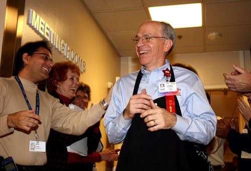 Rodney Haas / Arizona Daily Wildcat

University Medical Center President and CEO Greg Pivirotto is greeted by fellow empolyees at a retirement party at the UMC on Friday, Jan. 29, 2010. Pivrotto is retiring after 21 years with the hospital. 