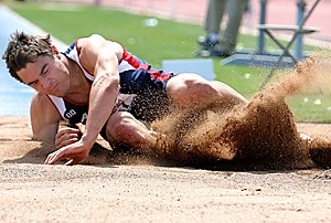 Note: Arizona Athletics roster lists name as Robert Arnold
         Event sheet and track and field staff refer to him as Jake Arnold (athlete also refers to self as jake)

Claire C. Laurence / Arizona Daily Wildcat

Junior Robert Arnold hits the sand during the long jump event of the mens decathlon yesterday morning at Drachman Stadium. Arizona track and field athletes will compete again tomorrow in the final day of the Click Combined Events.

Shevell Quinley - womens heptathlon; high jump
Jake Arnold - mens decathlon; long jump
Chris Smith - mens decathlon; shot put

