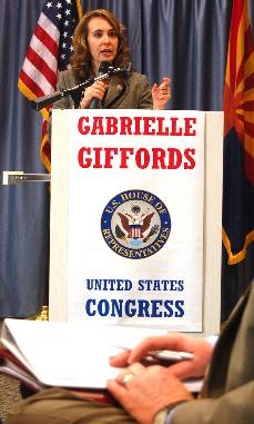 Congresswoman Gabrielle Giffords speaks on the future of federal funding at the SUMC on Monday. The forum focused on the economic stimulus package and where funds would be spent here in Tucson.