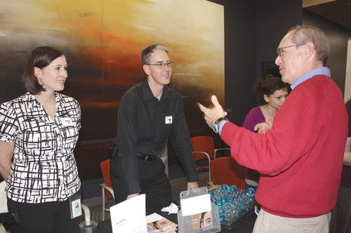 Hallie Bolonkin/ Arizona Daily Wildcat

From left, Danielle Brands, a scientist at Ventana Medical System Inc., and Steve Jones, director of the Antibody development at Ventana Medical System Inc., speaks with Robert Green, president of Arizona BioIndustry Association during the Biology Career Fair held in the Bio5 institute on February 24, 2010. 
