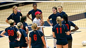 Volleyball head coach Dave Rubio meets with his team during practice in McKale Center. Rubio, who is in his 16th year at Arizona, will go head-to-head against his former team, Cal State Bakersfield, and will try for his 300th win with the Wildcats. 